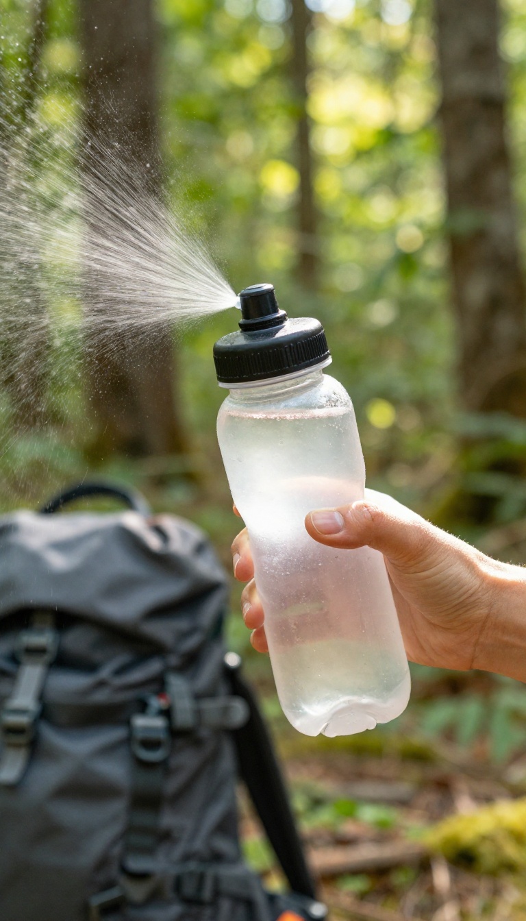Person using a recycled plastic bottle with holes in the cap as a DIY camping shower in a forest setting.