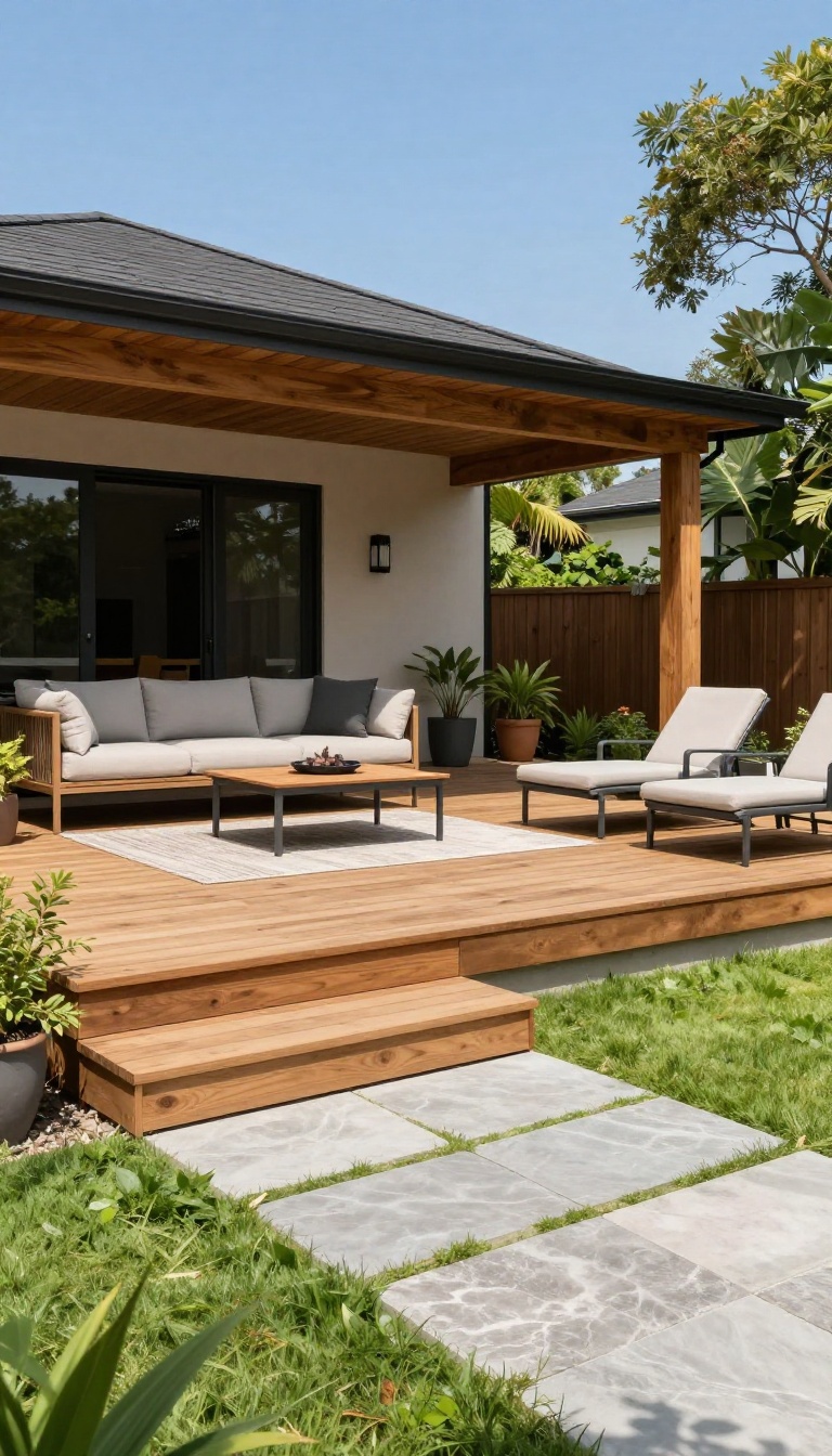 Covered wooden deck with outdoor seating transitioning to an open stone patio with lounge chairs and fire pit in a sunny backyard
