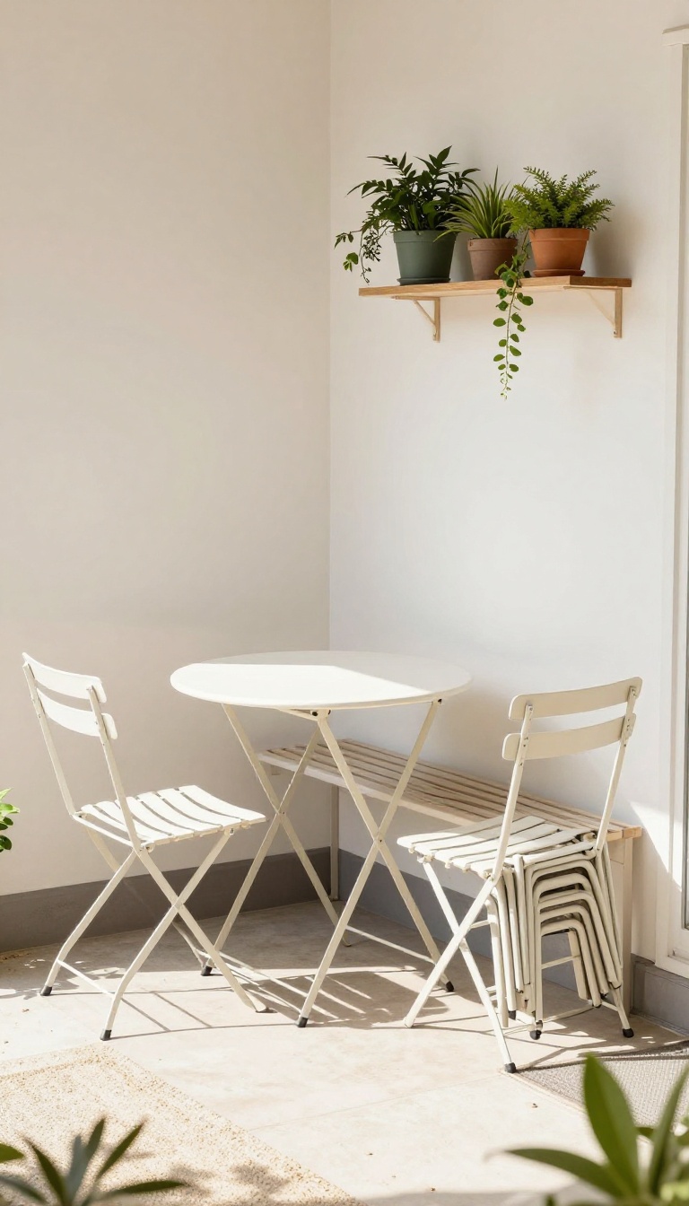 Foldable bistro table and stackable chairs on a small patio with storage solutions
