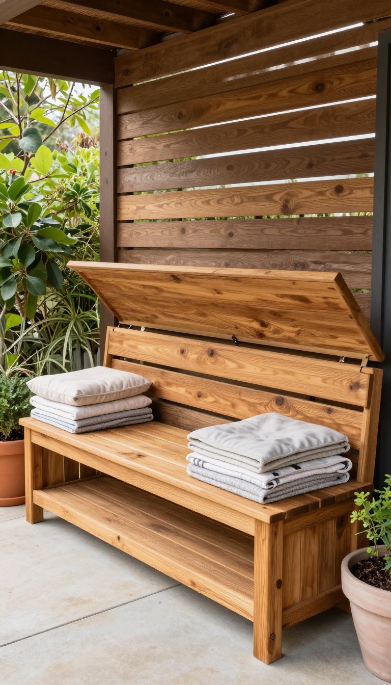 Weather-resistant teak storage bench on a covered patio with cushions and blankets stored inside