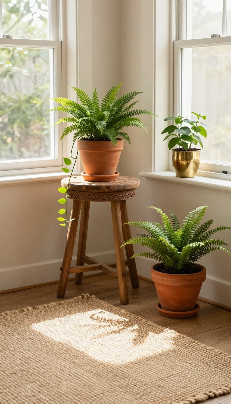 Indian living room with indoor plants in brass and clay pots