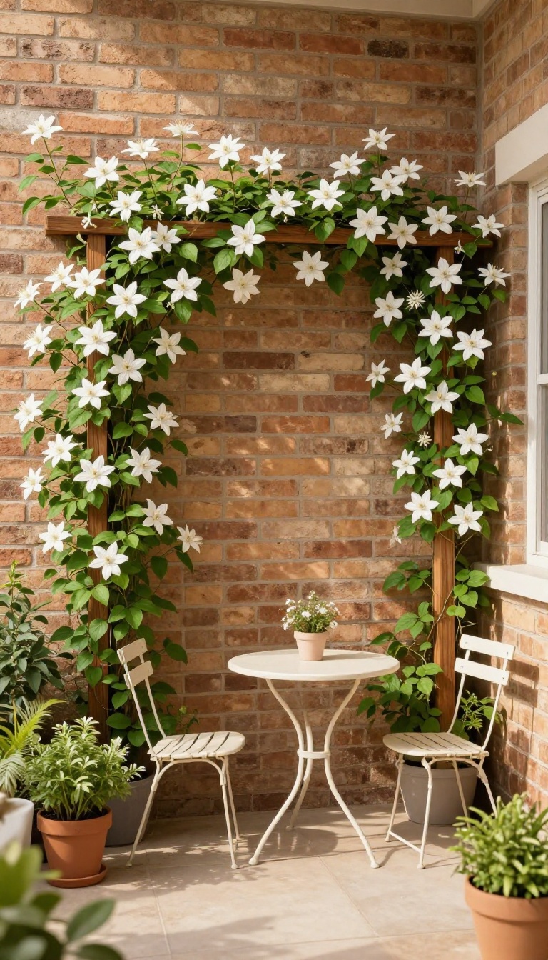 A small patio garden featuring a wooden trellis with climbing white clematis flowers, creating a lush vertical garden against a brick wall.