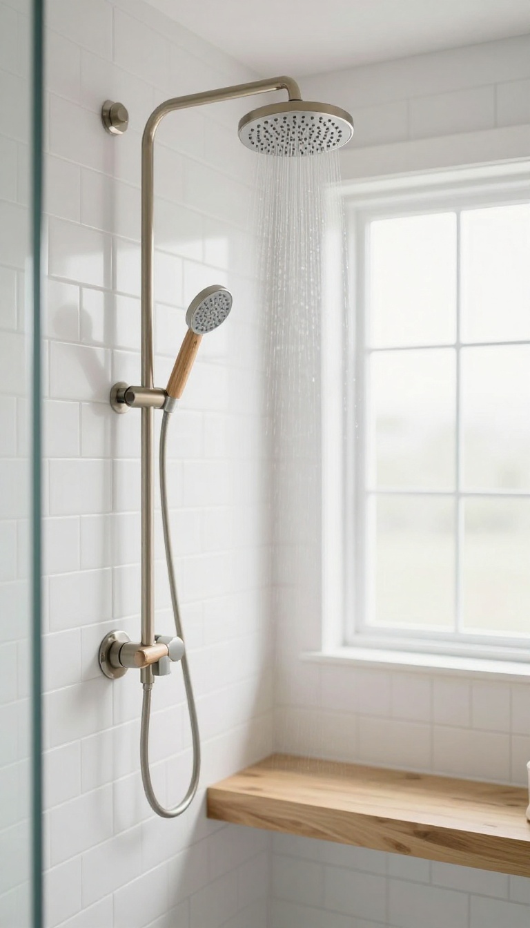 Modern farmhouse rainfall showerhead with wood handle in a bright, rustic bathroom