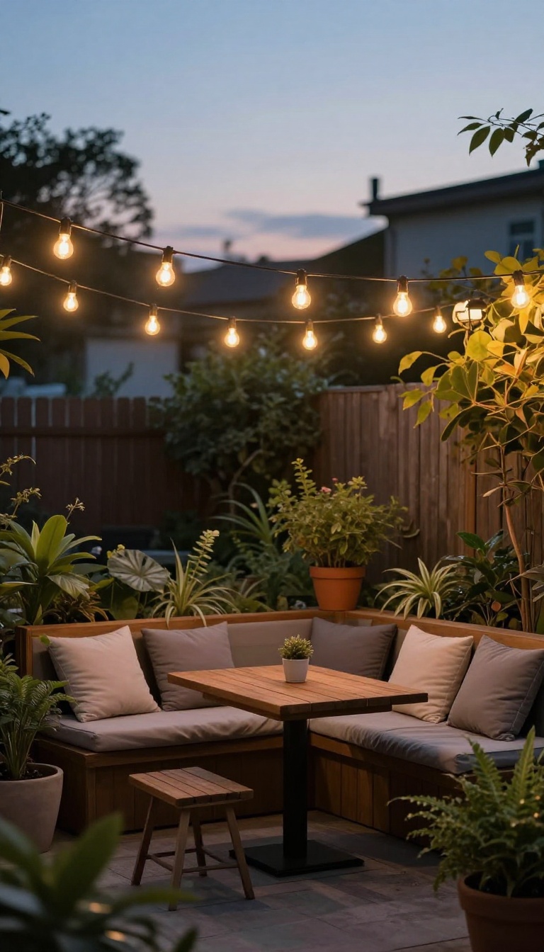 Small patio with string lights overhead creating a warm, inviting atmosphere