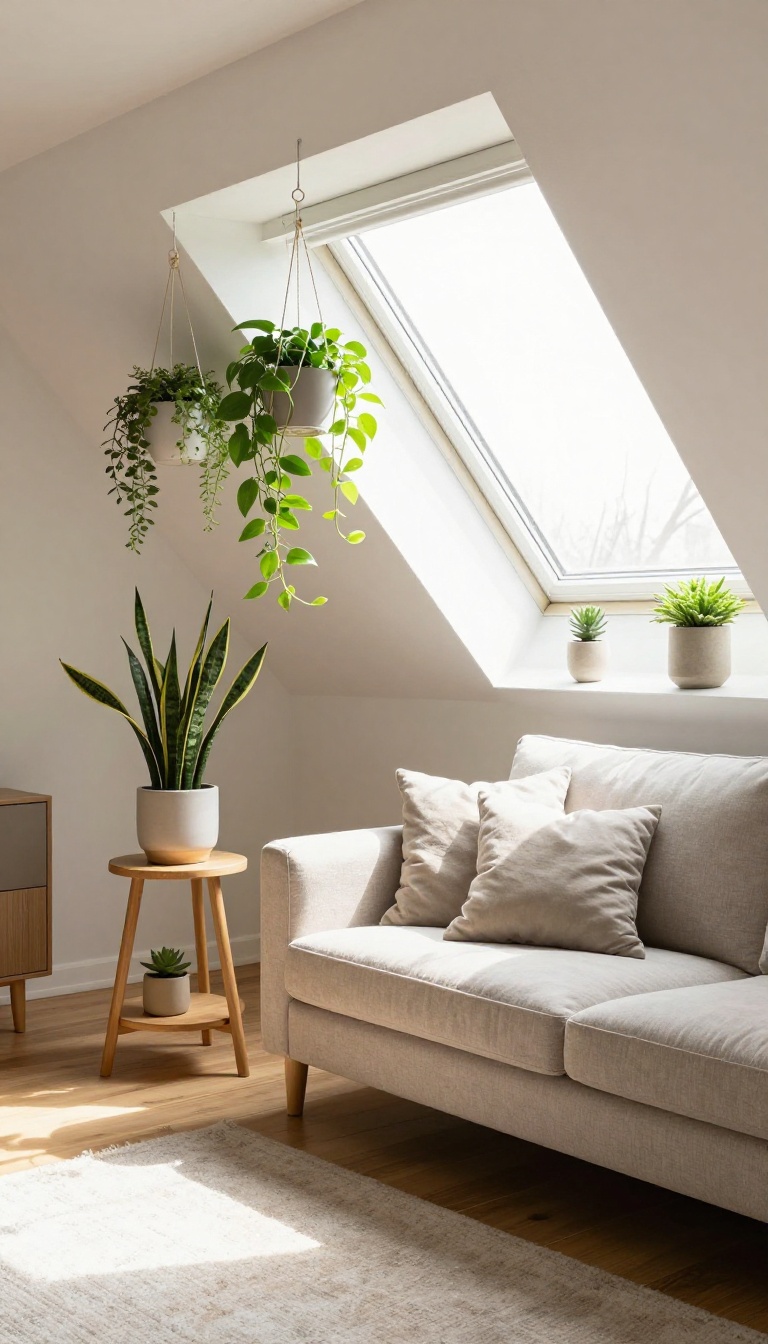 Bright attic living room filled with various green plants on stands and hanging from beams, near a dormer window with natural light.