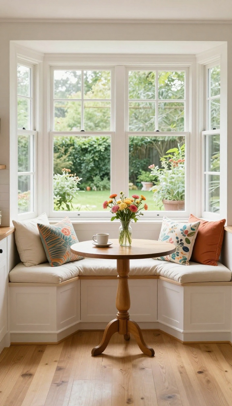 Cozy kitchen breakfast nook with built-in bench seating and a window view of a garden, featuring a small round table with coffee and flowers.