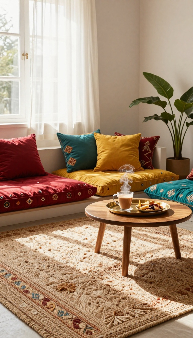 Cozy Indian living room low-seating corner with floor cushions and a low wooden table