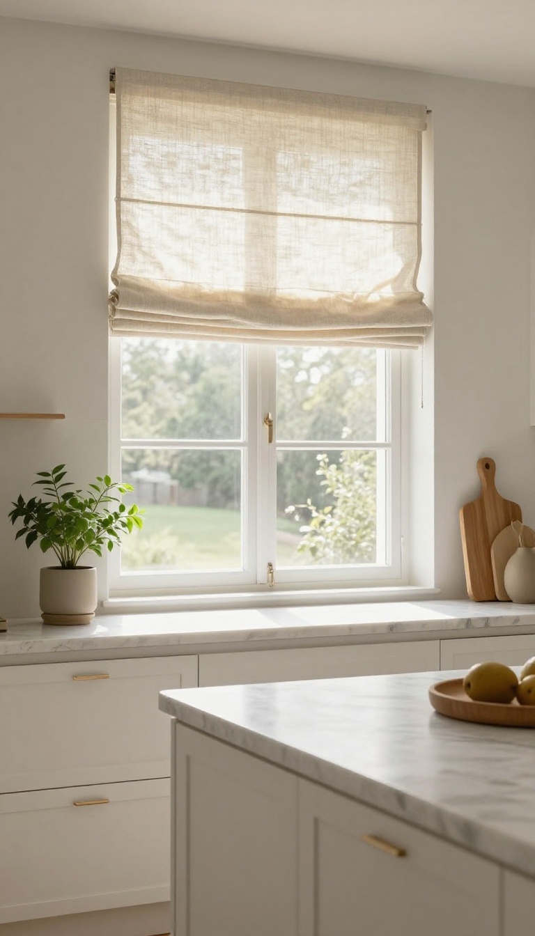 Linen Roman shades in a bright kitchen, softly diffusing sunlight