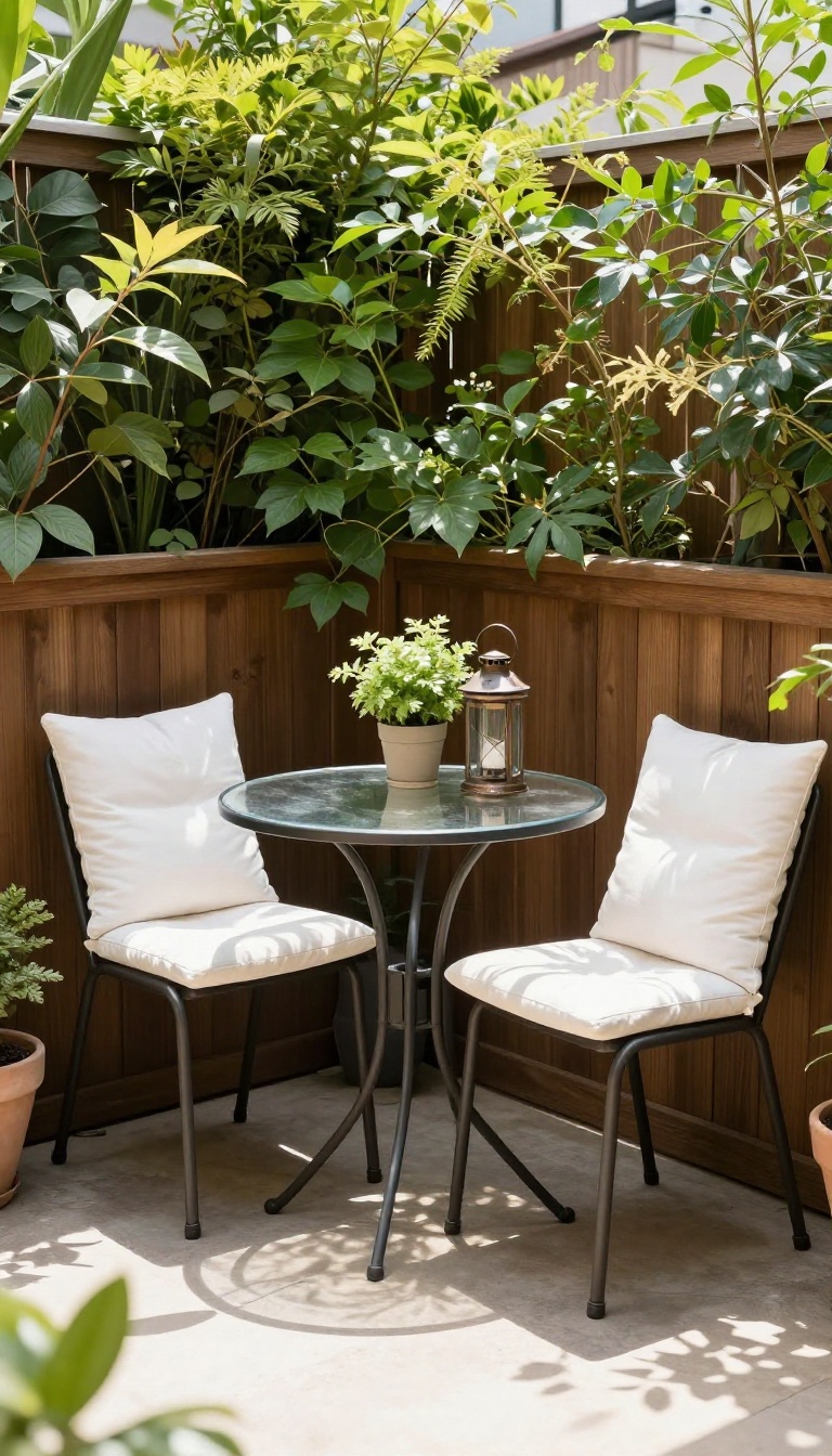 A compact bistro set on a small back patio with potted plant and lantern, surrounded by greenery in warm sunlight.