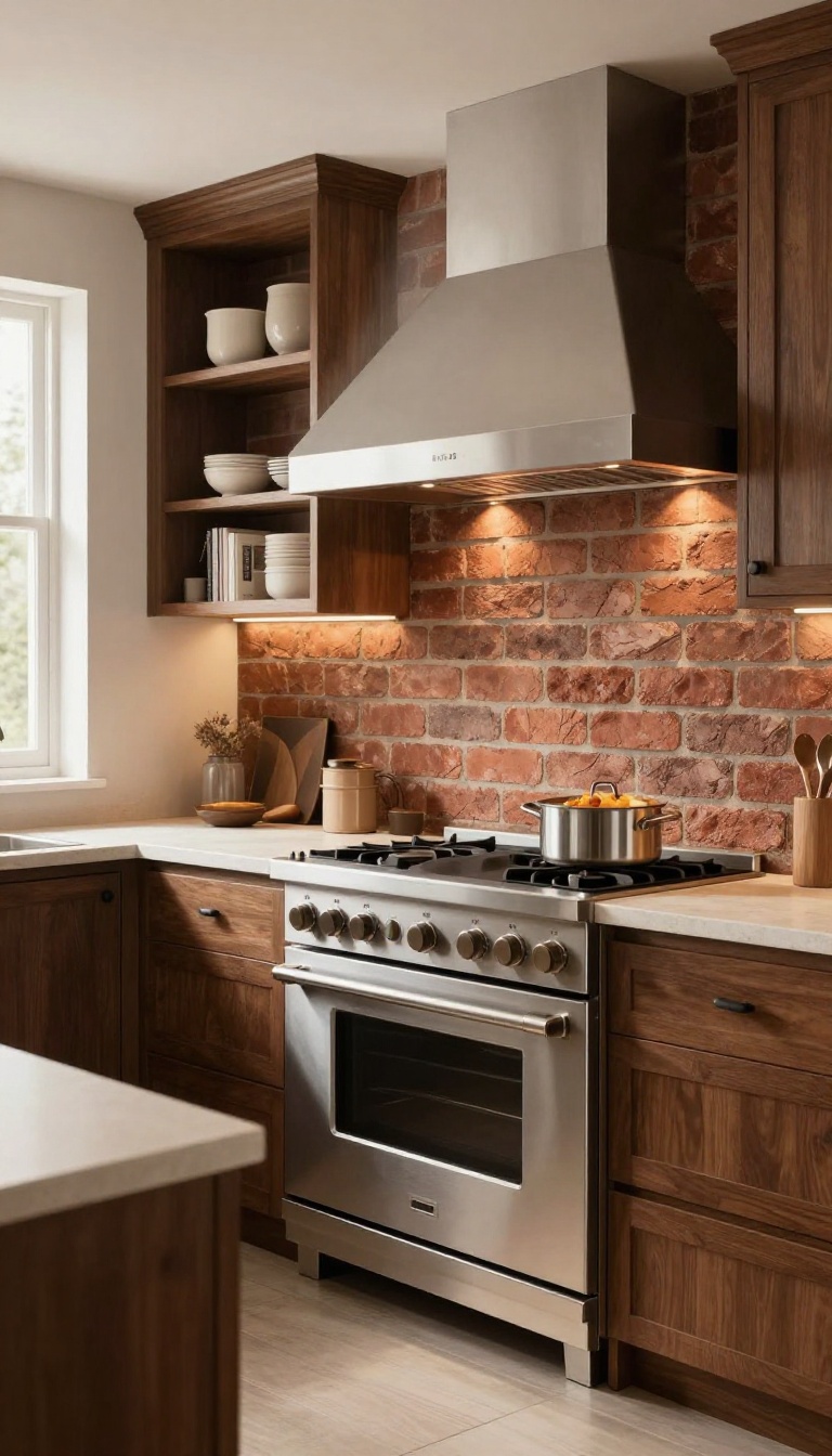 Cozy brick backsplash behind a stainless steel range in a warm, inviting kitchen