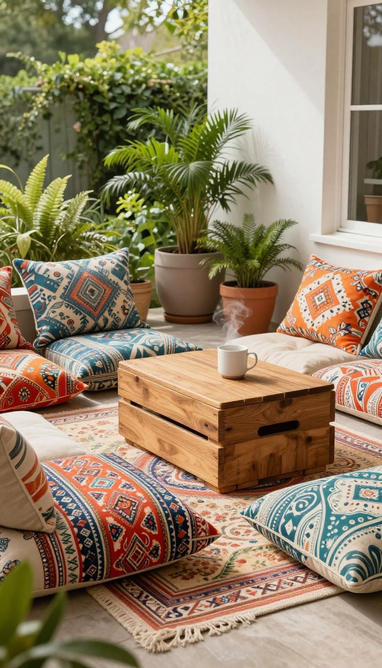 Cozy apartment patio seating nook with floor cushions, layered textures, and a low wooden table.