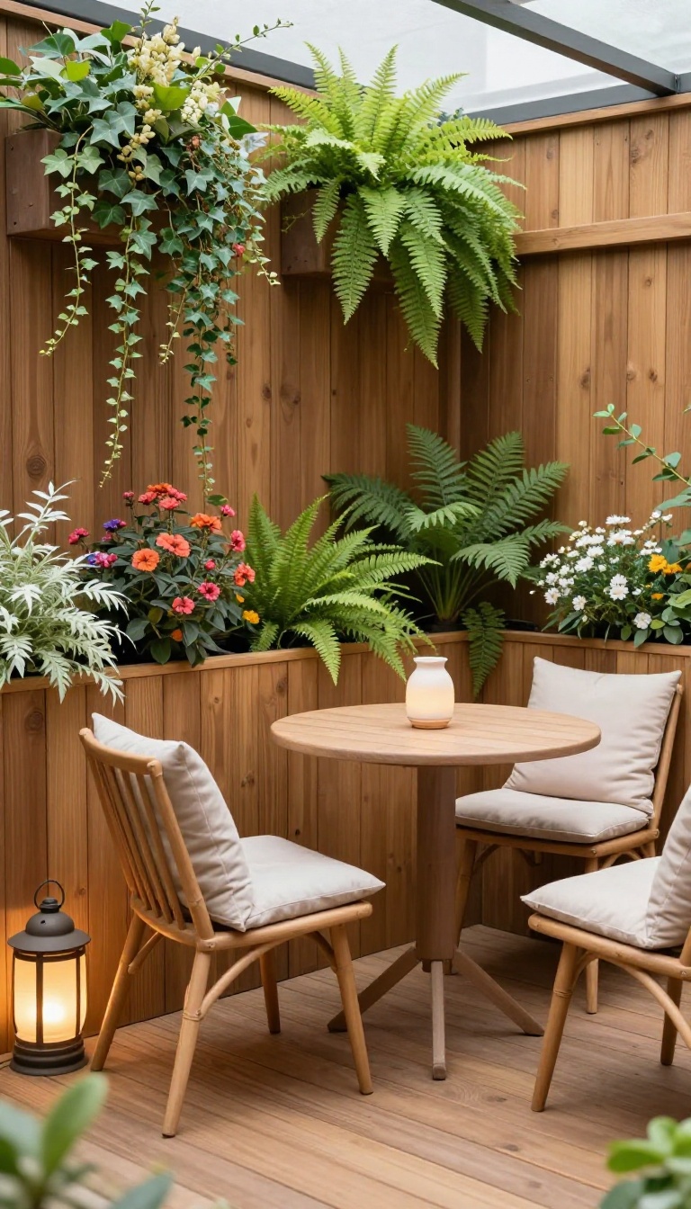 Small patio with vertical planters on a wooden fence, bistro table and chairs, cozy outdoor setting