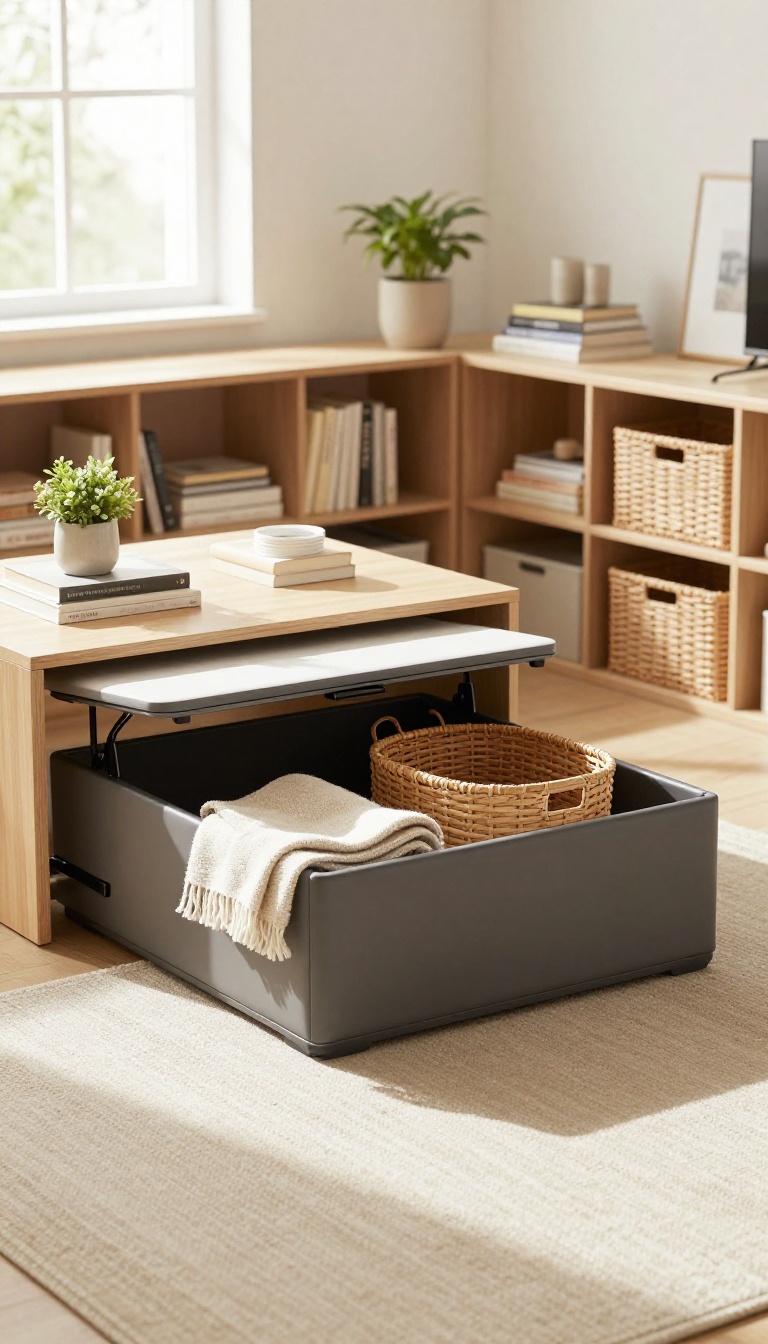 Living room with multifunctional storage ottoman, coffee table with drawers, and built-in shelves