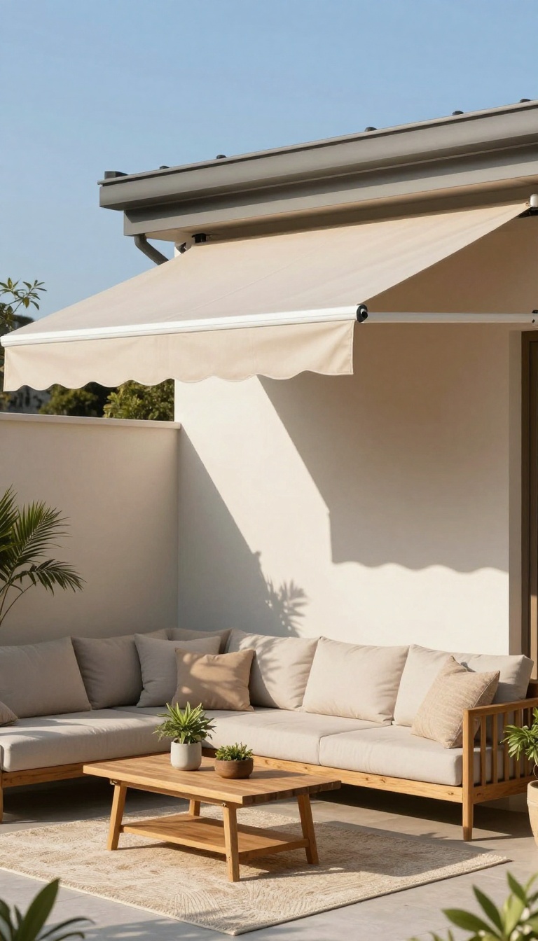 Patio with retractable awning providing shade over outdoor seating area