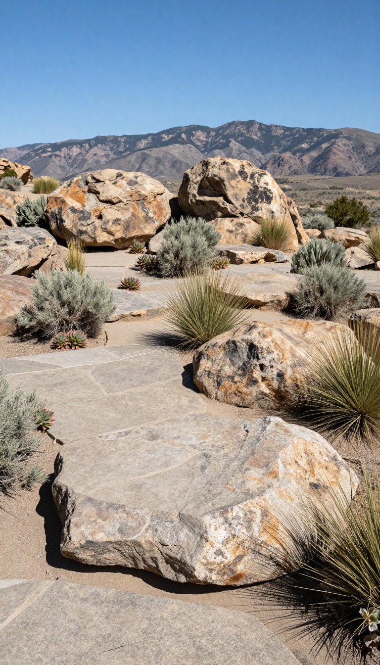 Rustic flagstone patio with large boulders and native plants in a mountainous landscape