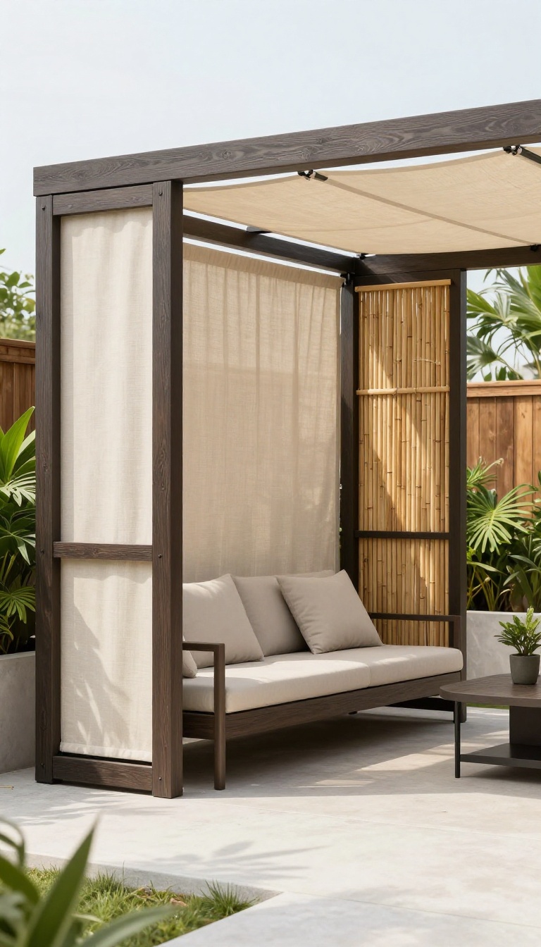 Patio pergola with privacy screens, featuring a retractable fabric panel and bamboo roll, in a bright backyard setting.