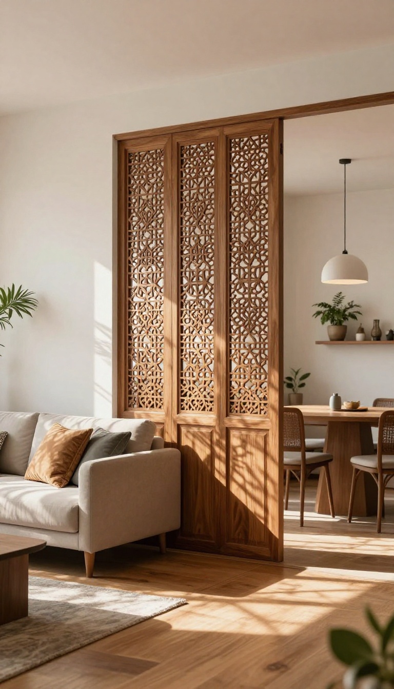 Modern Indian living room with a carved wooden jali screen dividing the space, casting light patterns.