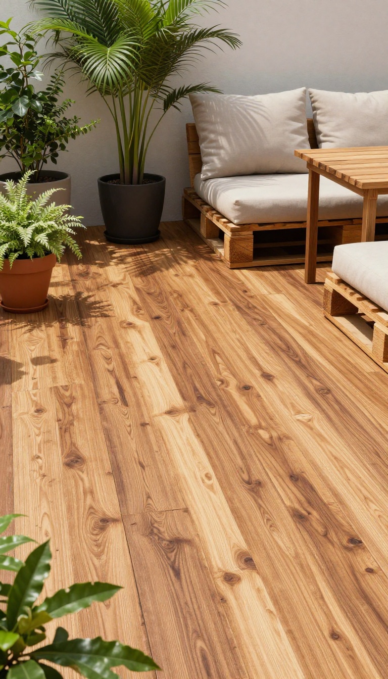 Rustic wood pallet patio floor with outdoor seating and plants in natural light