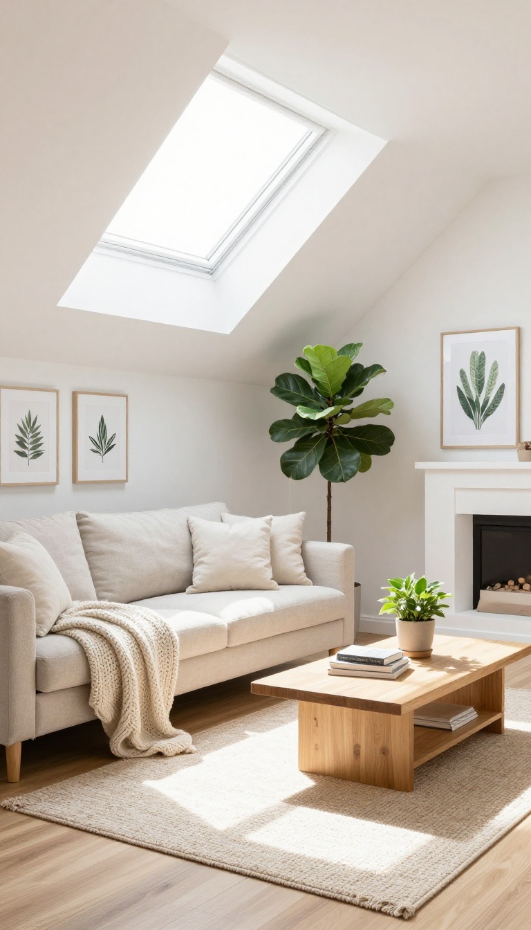 Bright attic living room with white walls, neutral furniture, and natural light from skylights.