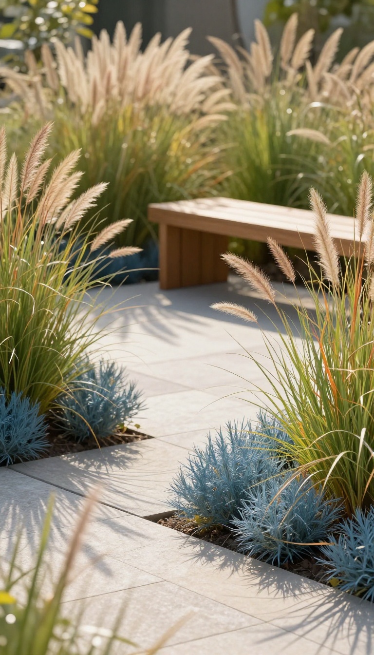 Patio framed by ornamental grasses in clusters, with tall and short varieties, in warm sunlight.