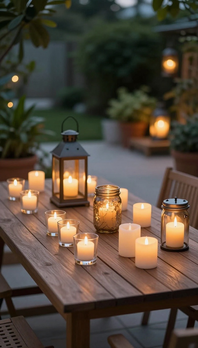 LED candles on a patio table creating a warm, safe, flickering ambiance at dusk.