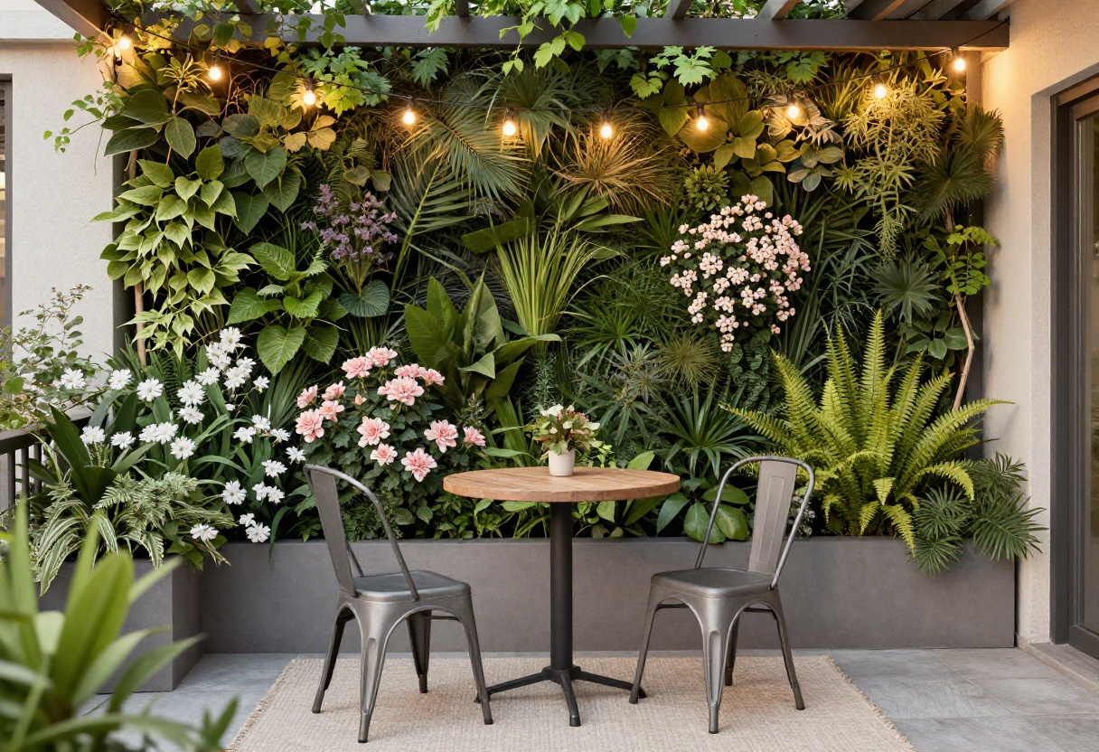 Small townhouse patio with vertical garden, bistro set, and string lights