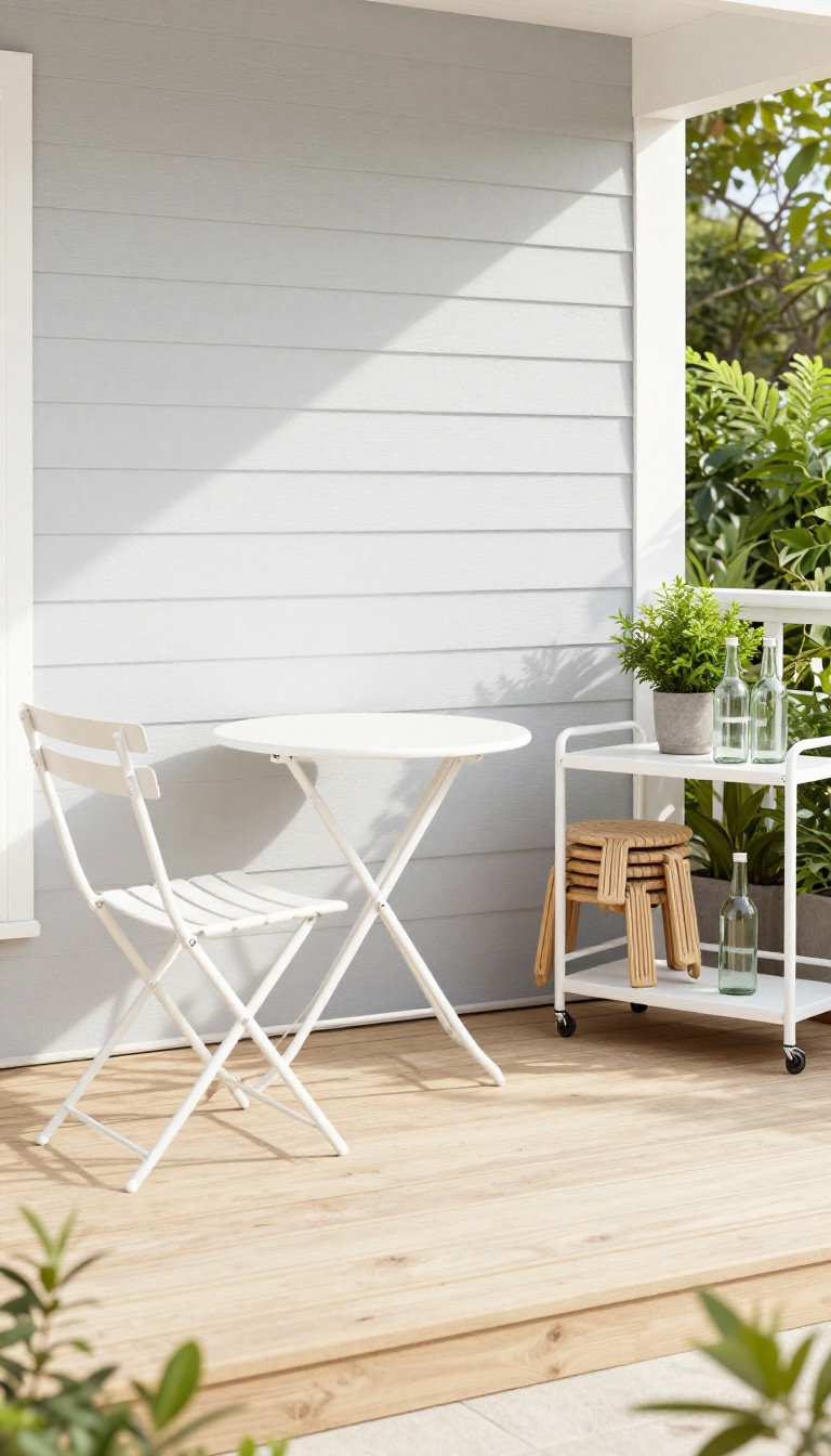 Small patio with folding bistro set, stackable stools, and foldable bar cart for flexible outdoor living