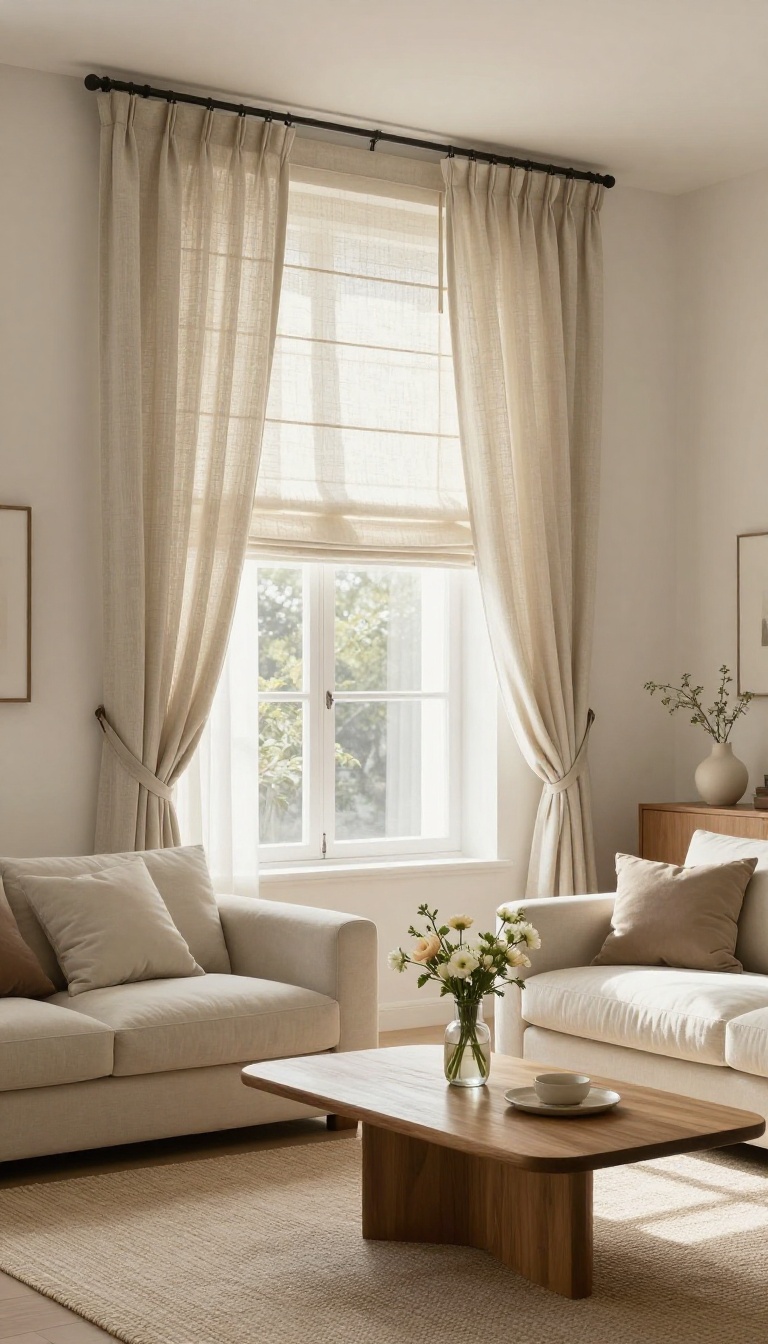 Living room with elegant Roman shades in soft linen fabric, partially raised to show neat pleats, in a bright and airy space.
