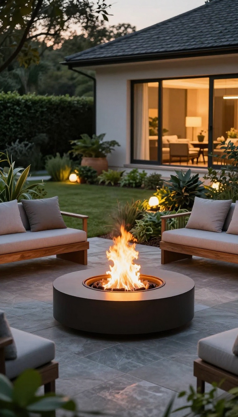 Modern patio with a circular steel fire pit surrounded by comfortable seating, warm glow at dusk, lush garden background.