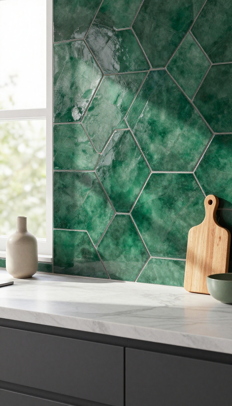 Modern kitchen backsplash with emerald green hexagonal tiles and charcoal grout, adding texture and personality.
