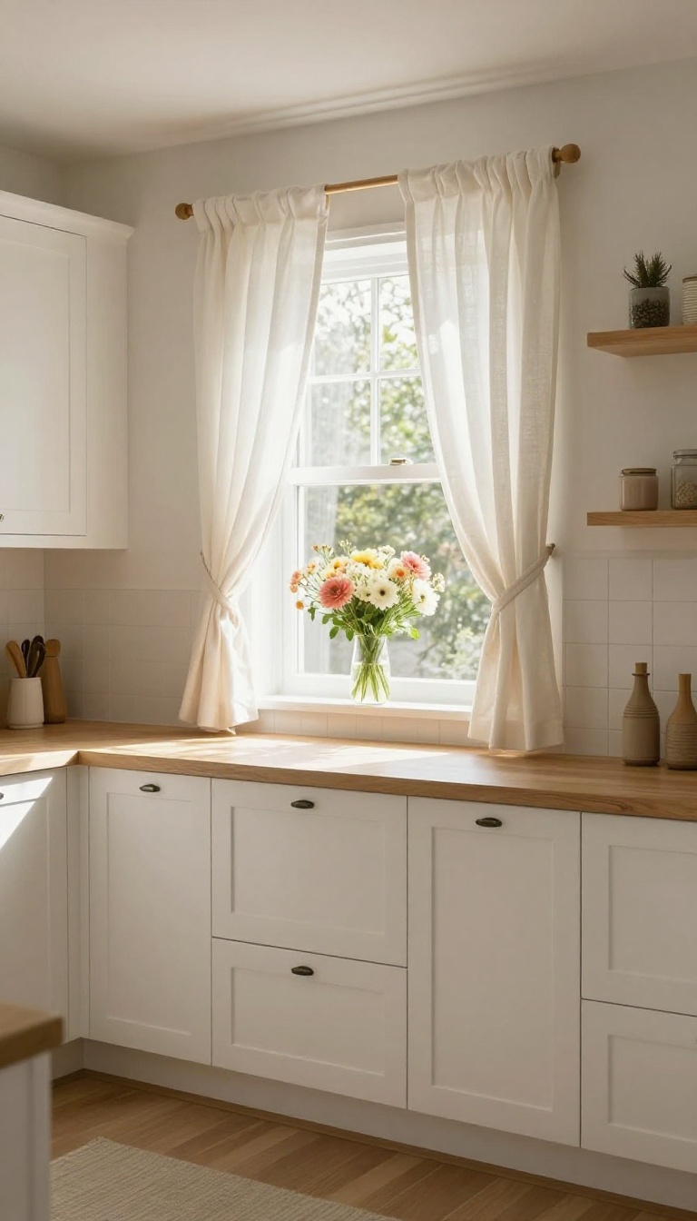 Classic gathered valance in a bright kitchen with white cabinets and natural light