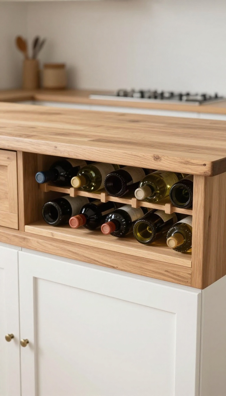 Breakfast bar with wine storage below in a rustic kitchen