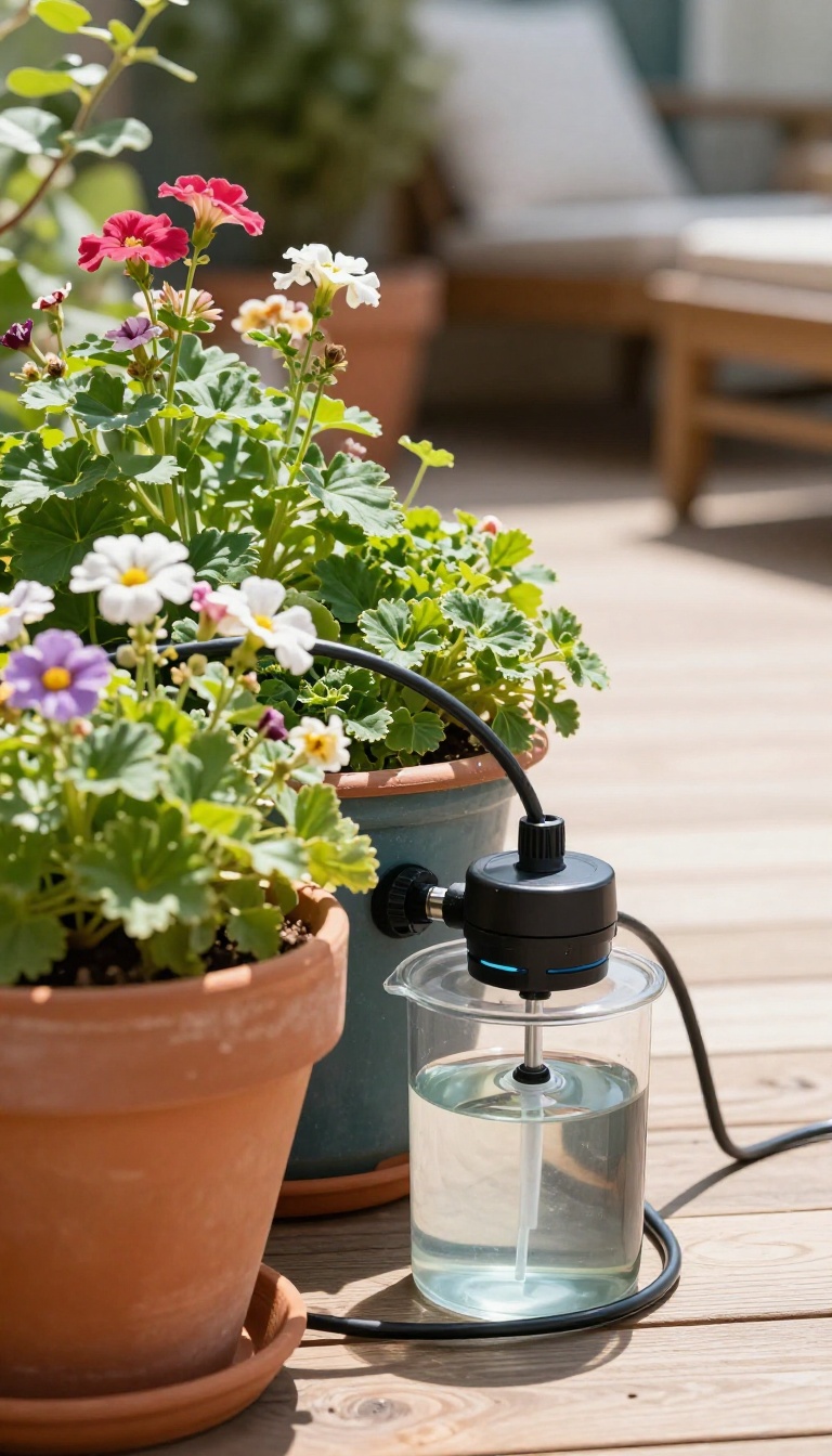 Compact drip irrigation system watering potted plants on a small patio garden