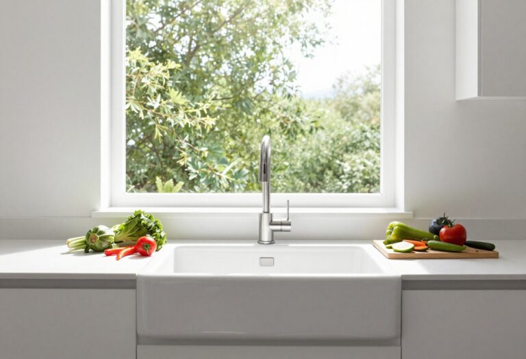 Modern kitchen faucet with pull-down sprayer over a farmhouse sink