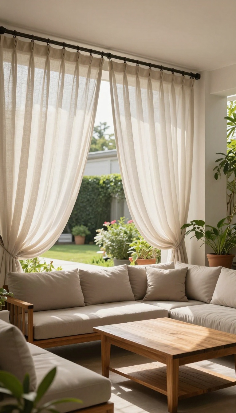Covered patio with sheer outdoor curtains, cozy seating, and natural light