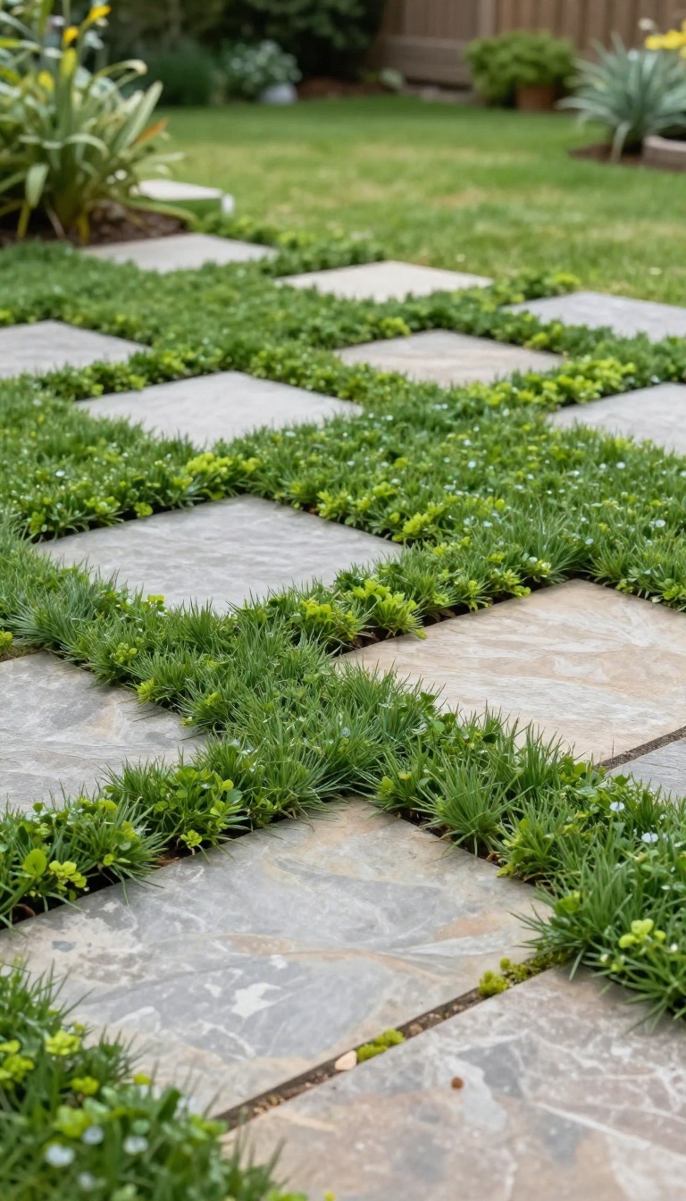 Flagstone patio with creeping thyme growing between the stones, creating a natural meadow-like look
