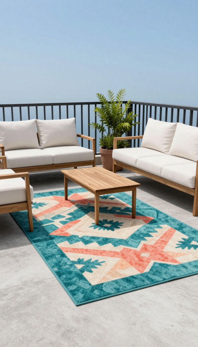 A small townhouse patio with a colorful outdoor rug defining a cozy seating area.