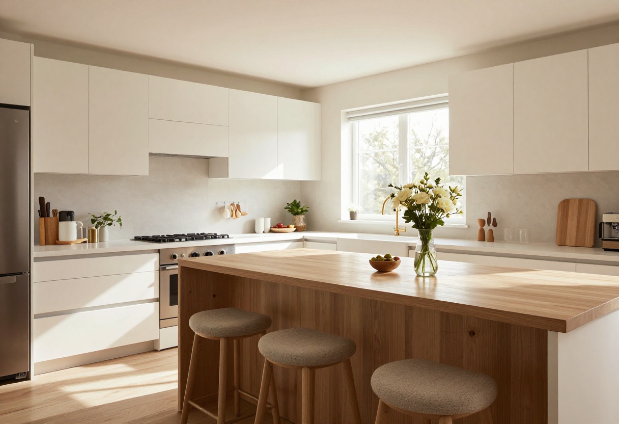 Charming kitchen breakfast bar with wooden countertop, stools, and fresh flowers by a window