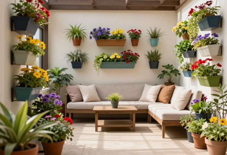 Patio with colorful planters arranged neatly, including vertical and hanging planters, creating a vibrant yet organized outdoor space.