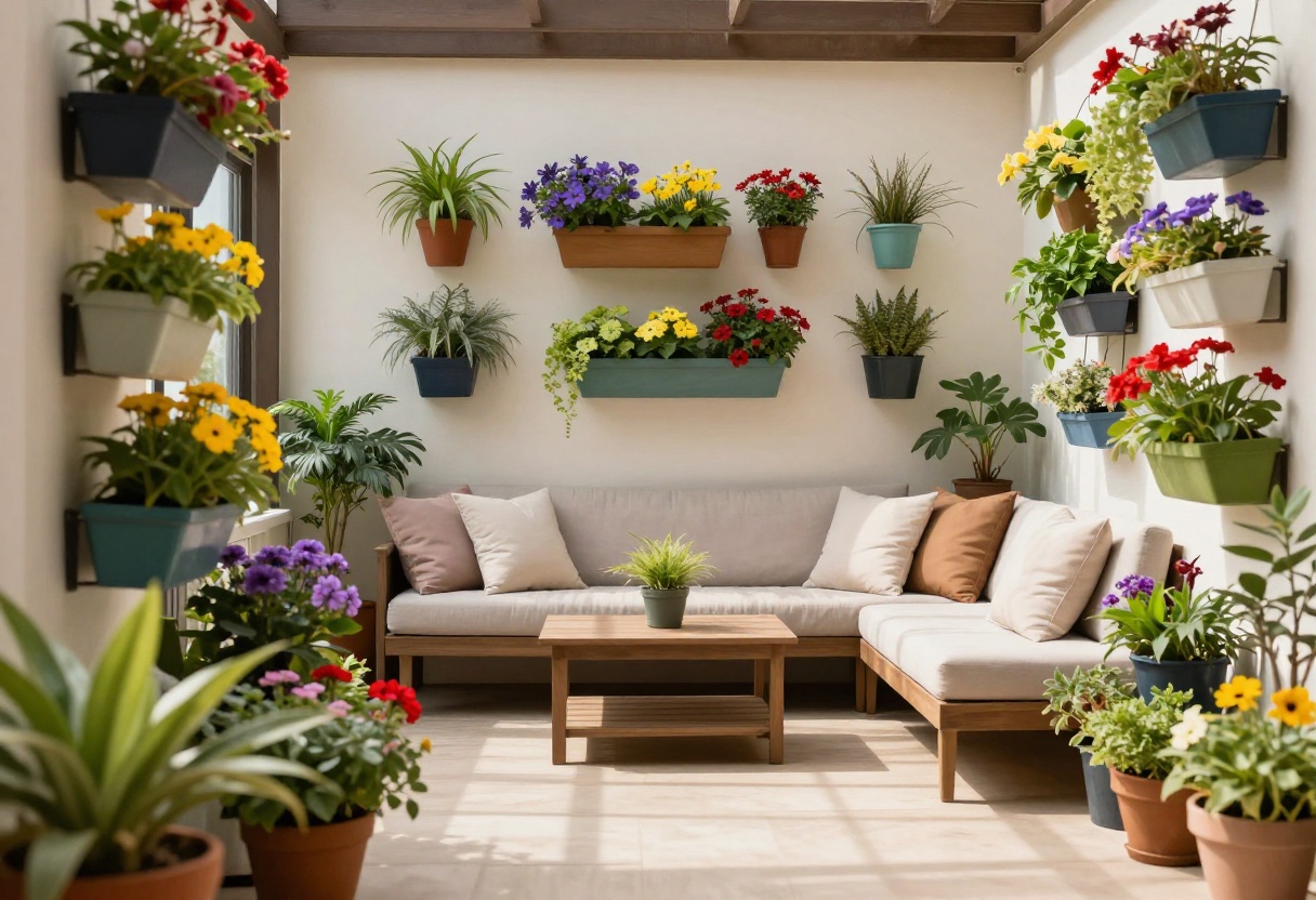 Patio with colorful planters arranged neatly, including vertical and hanging planters, creating a vibrant yet organized outdoor space.