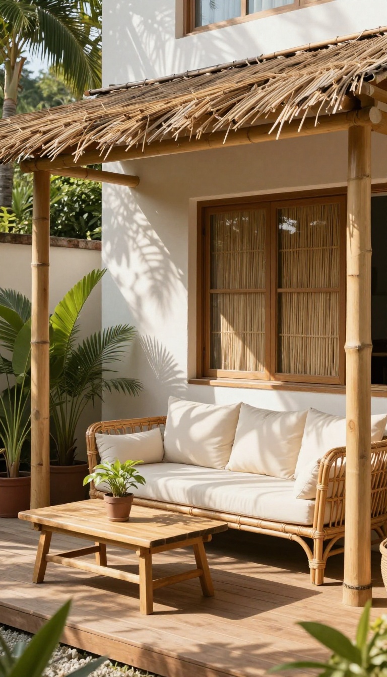 Bamboo and reed patio roof attached to house with dappled shade over outdoor seating area