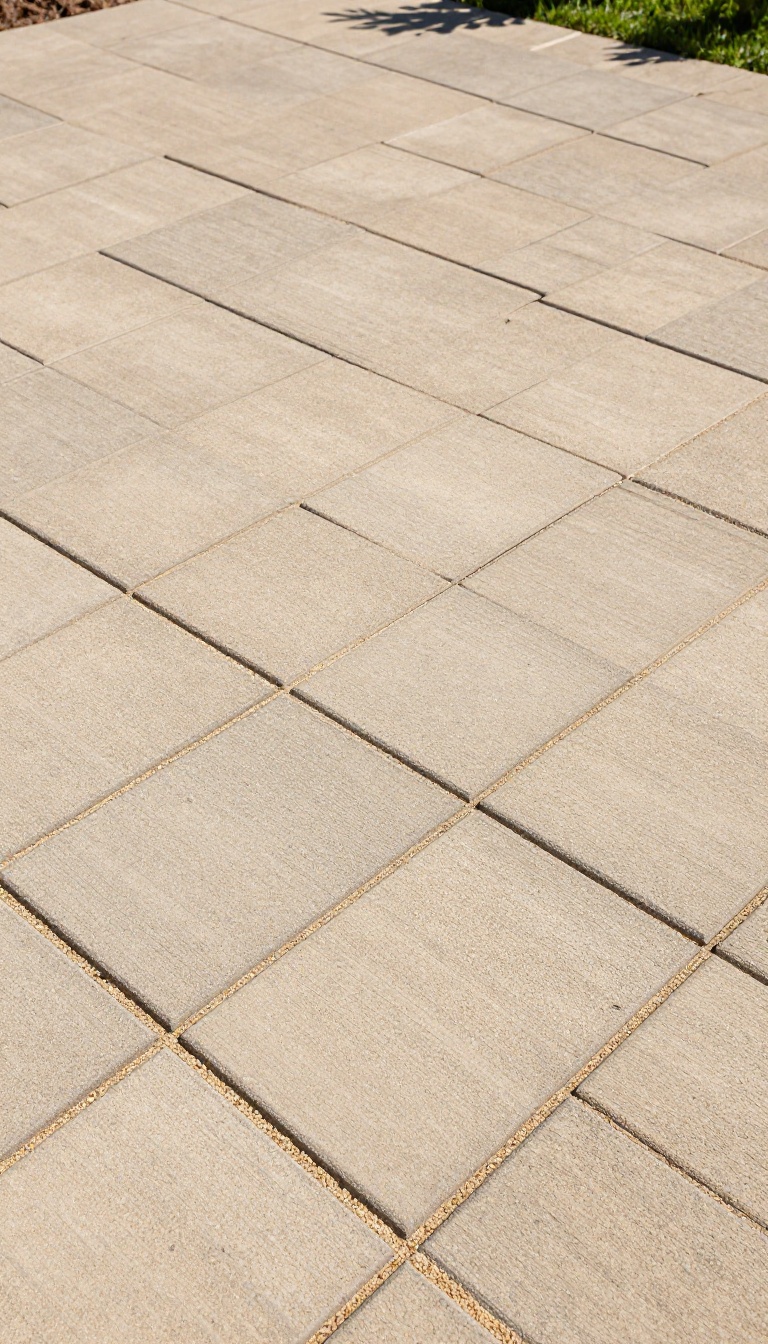 A well-finished patio with herringbone concrete pavers and a neat border