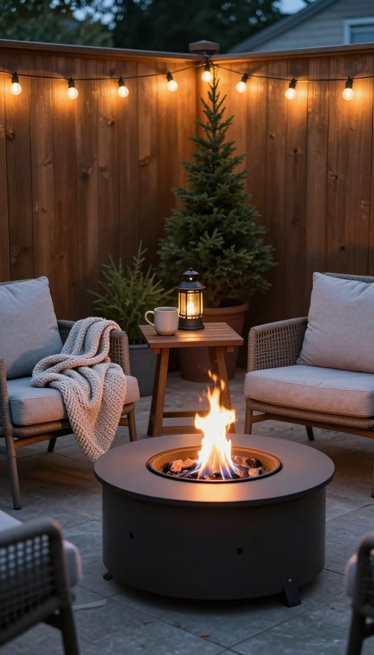 A tiny patio with a fire pit and cozy seating, illuminated by string lights at dusk.