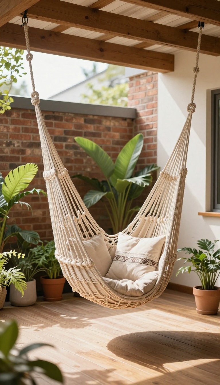 Cozy apartment patio with a woven hammock chair, cushion, and plants in natural light