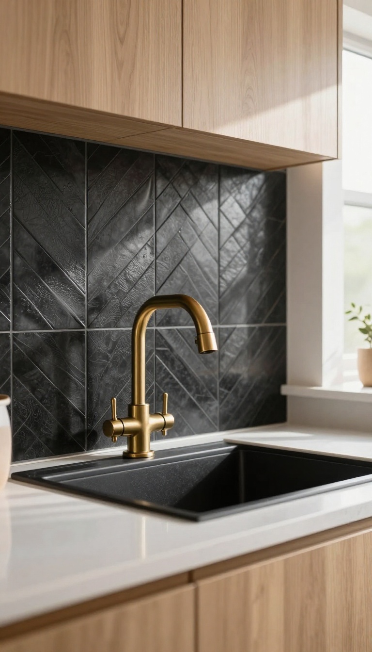 Matte black herringbone tile backsplash in a modern kitchen with brass fixtures and light wood cabinets
