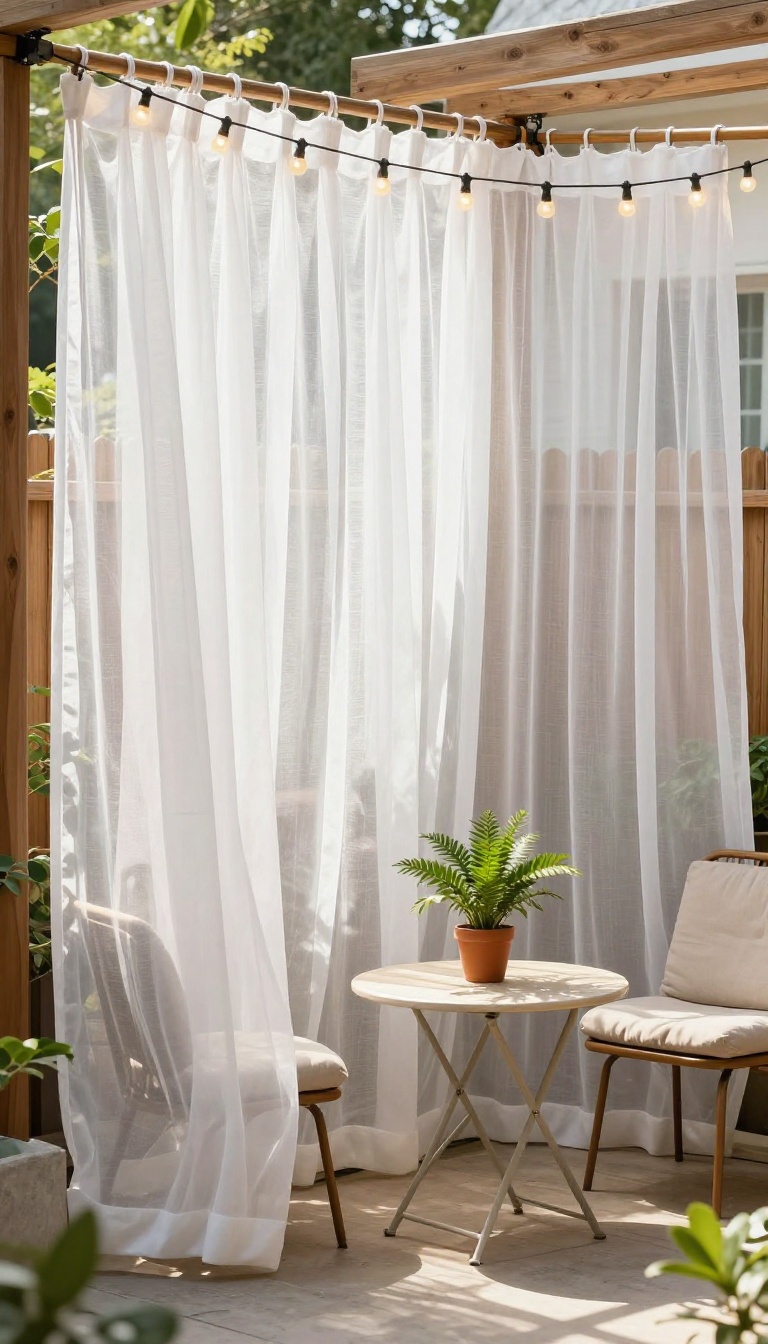 Small patio with sheer outdoor curtains creating soft shade and cozy atmosphere