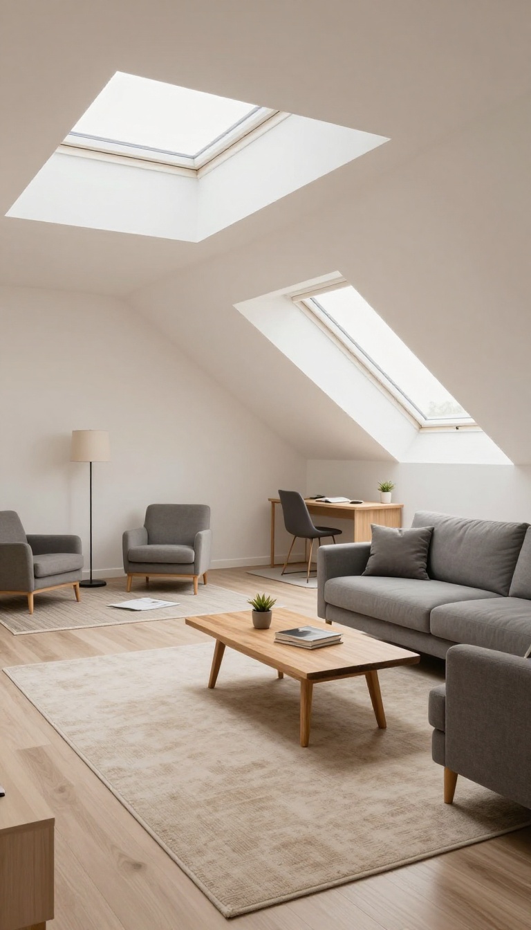 Bright attic living room with distinct zones created by rugs and furniture, featuring a lounge area, reading nook, and workspace.