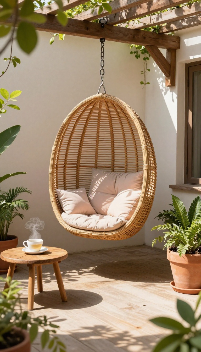 A cozy patio corner featuring a woven hanging egg chair with cushions, surrounded by plants and a small side table, in warm sunlight.