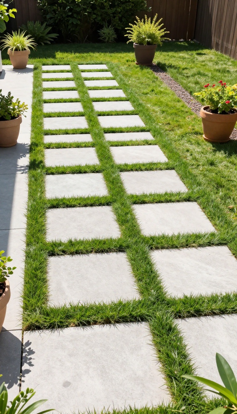 Paver patio with grass joints in a sunny backyard