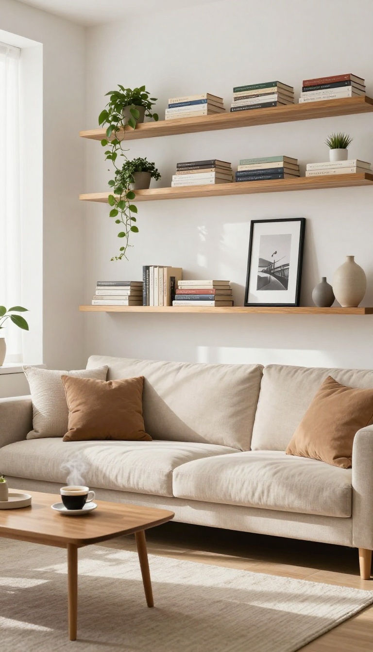 Floating shelves above a sofa in a bright living room with books, plants, and decor items.